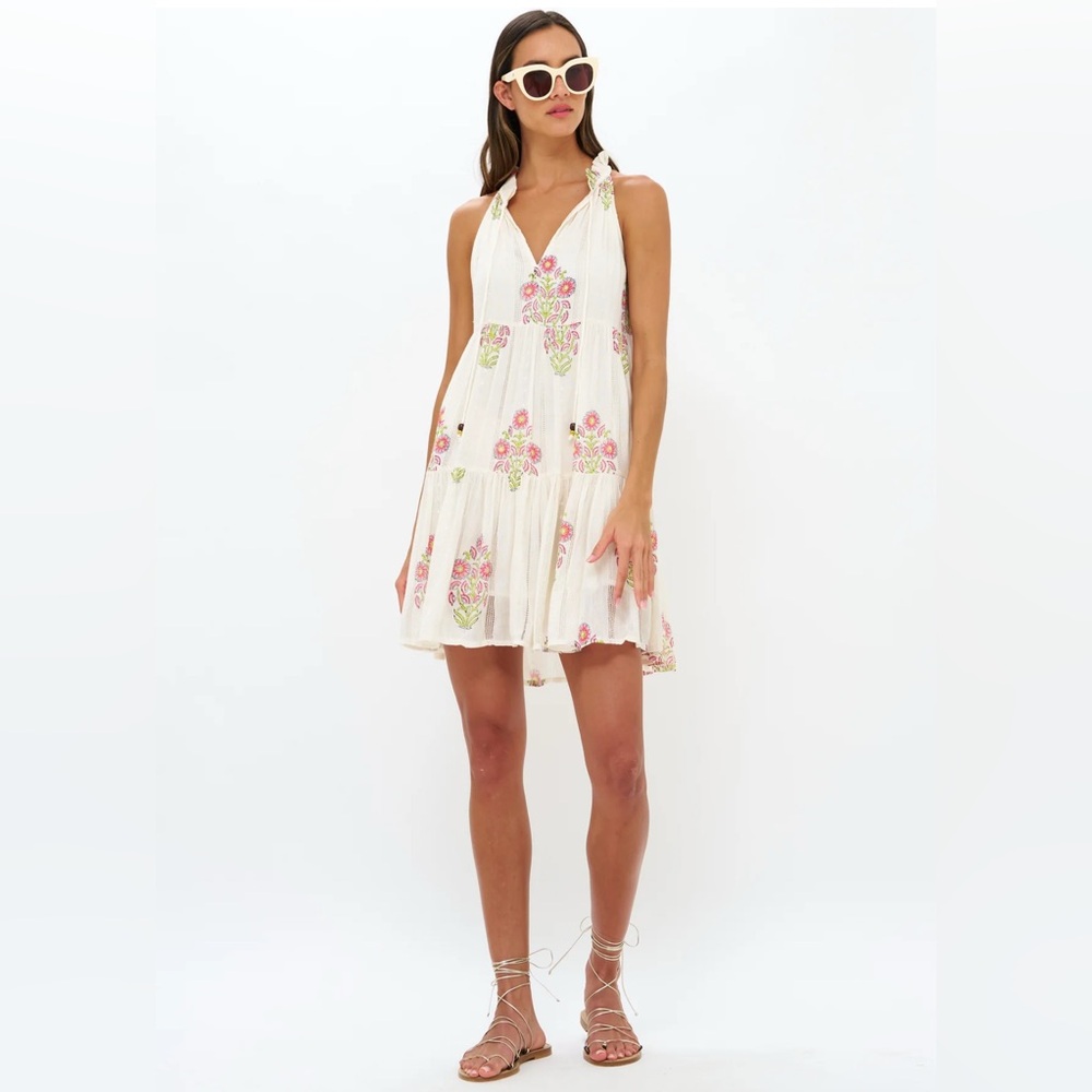 Oliphant Cream Mini Dress with Pink and Green Floral Embroidery
